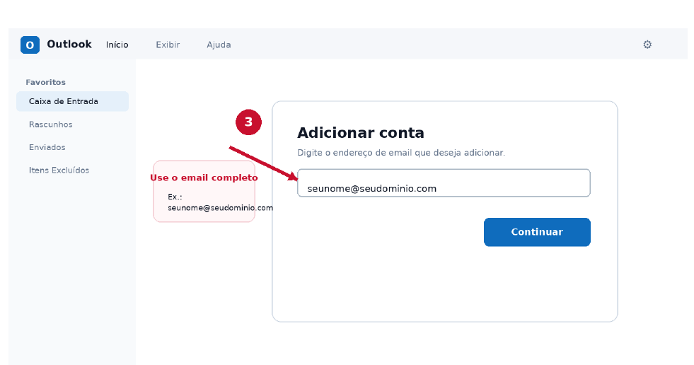 Tela Adicionar conta com exemplo de endereço de e-mail