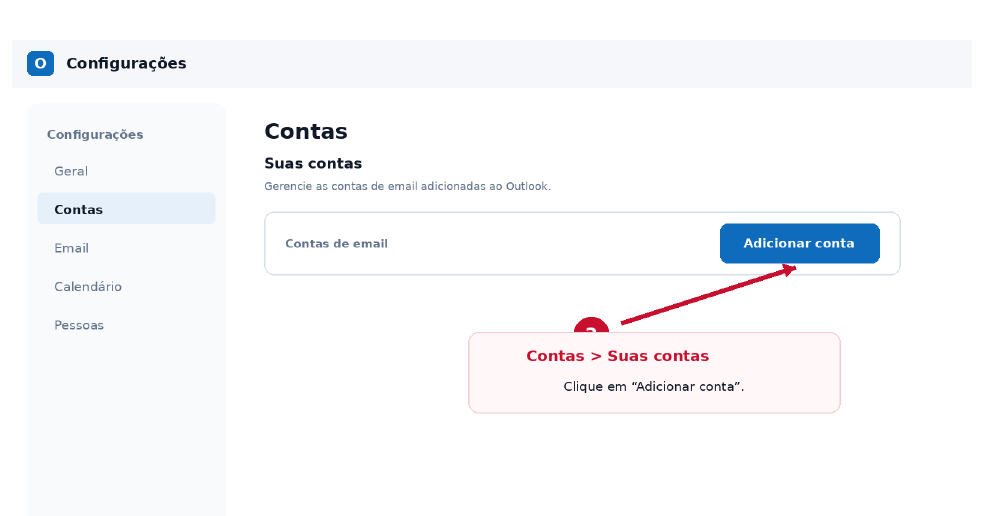 Tela Contas do Outlook com botão Adicionar conta