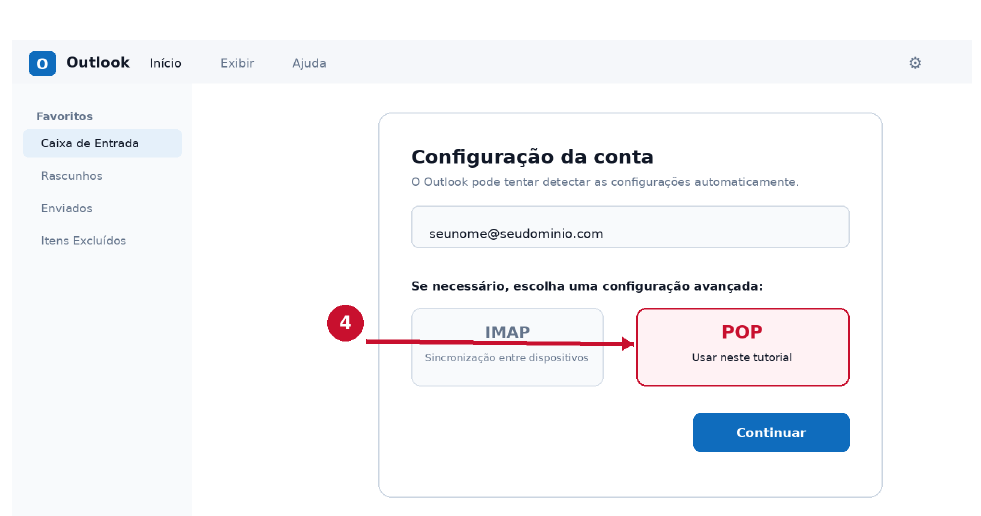 Tela de escolha do tipo de conta POP no Outlook